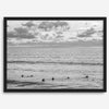 Black and white photo of surfers waiting in the water at sunset in Pismo Beach, California – fine art surf print.