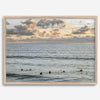 Sunset surf wall art featuring surfers’ silhouettes at Pismo Beach, California, with golden light, calm ocean, and vibrant sunset sky.