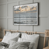 Sunset surf wall art featuring surfers’ silhouettes at Pismo Beach, California, with golden light, calm ocean, and vibrant sunset sky.