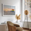 Venice Beach wall art featuring a colorful rainbow lifeguard tower beside the Pacific Ocean during a golden Los Angeles sunset.