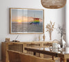 Venice Beach wall art featuring a colorful rainbow lifeguard tower beside the Pacific Ocean during a golden Los Angeles sunset.