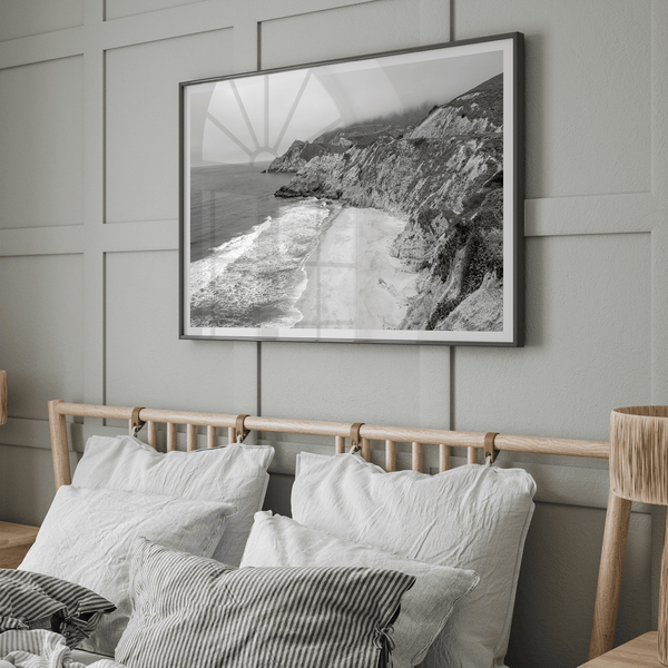 Black and white photo of Gray Whale Cove on the California Pacific Coast – fine art coastal landscape print