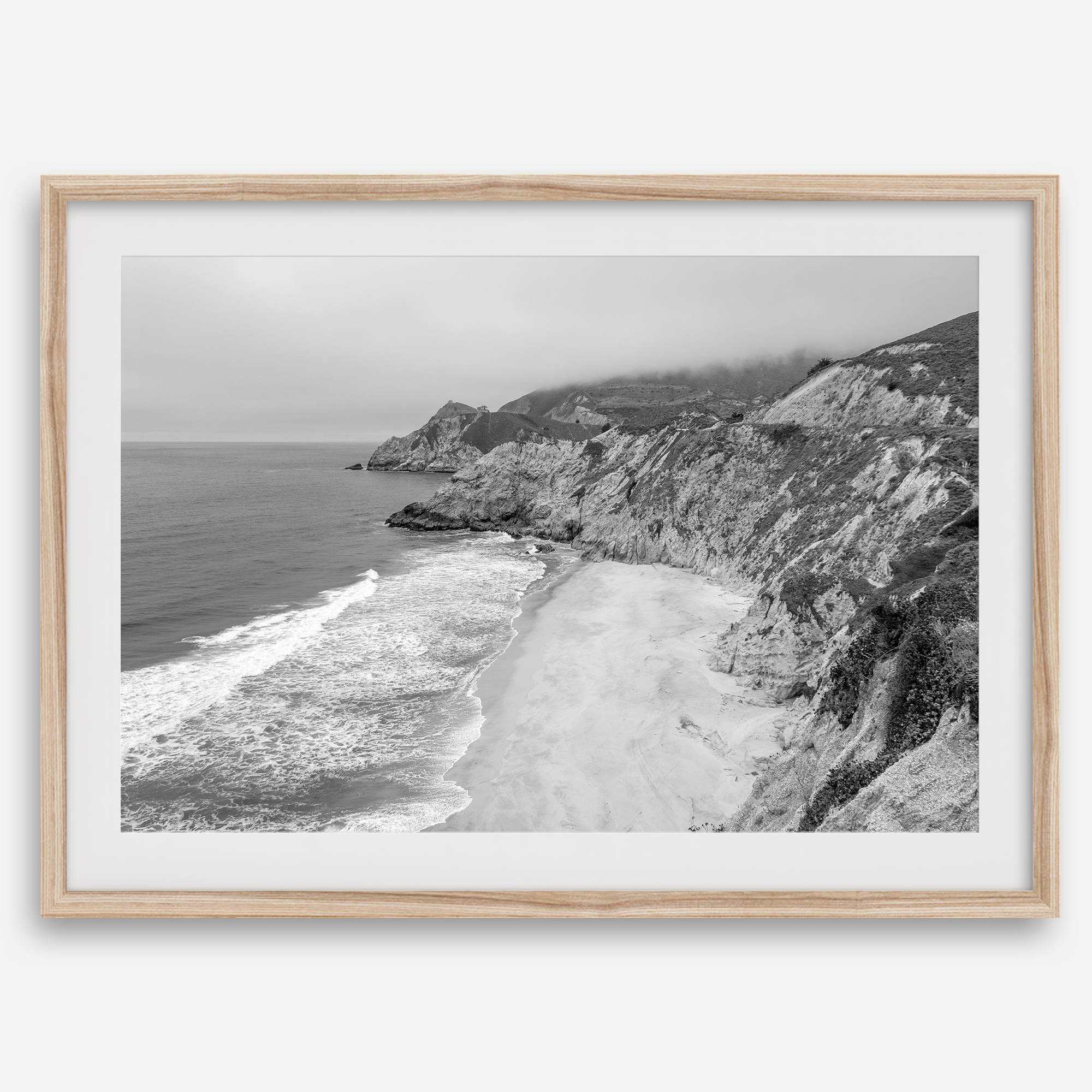 Black and white photo of Gray Whale Cove on the California Pacific Coast – fine art coastal landscape print