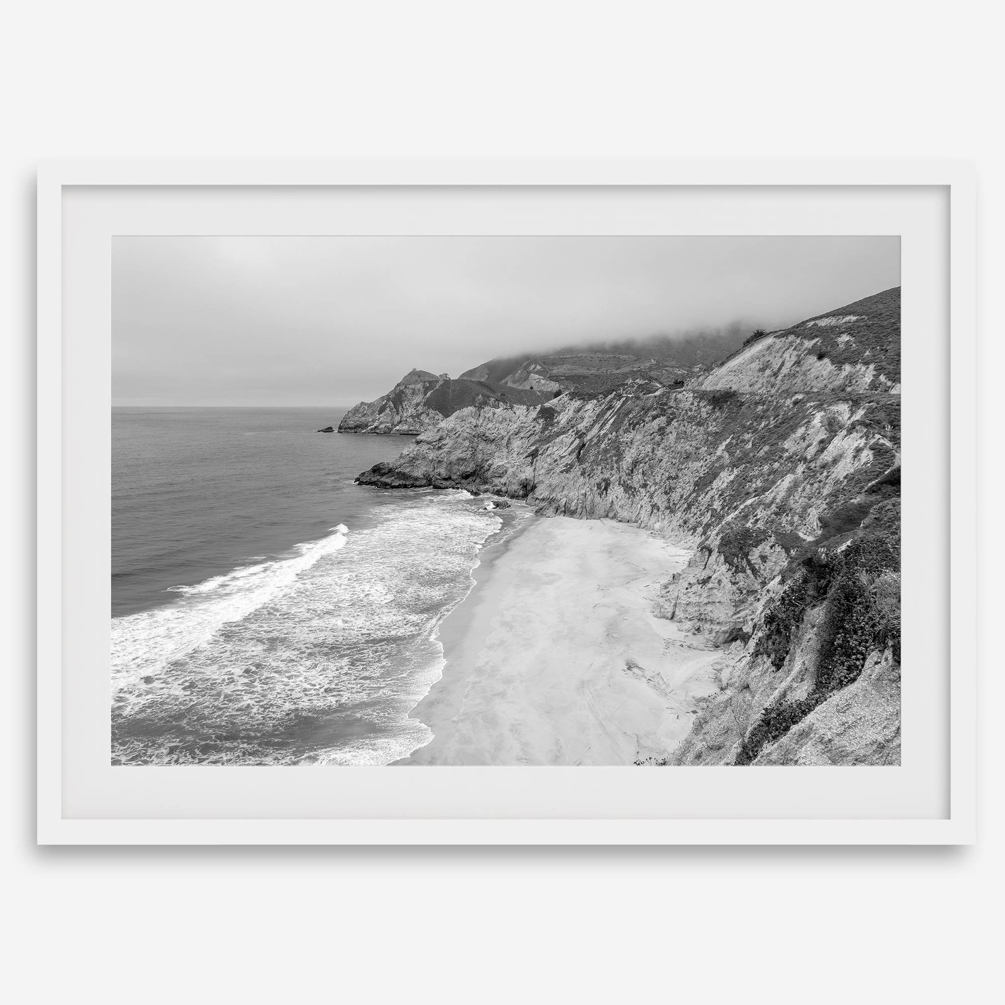 Black and white photo of Gray Whale Cove on the California Pacific Coast – fine art coastal landscape print