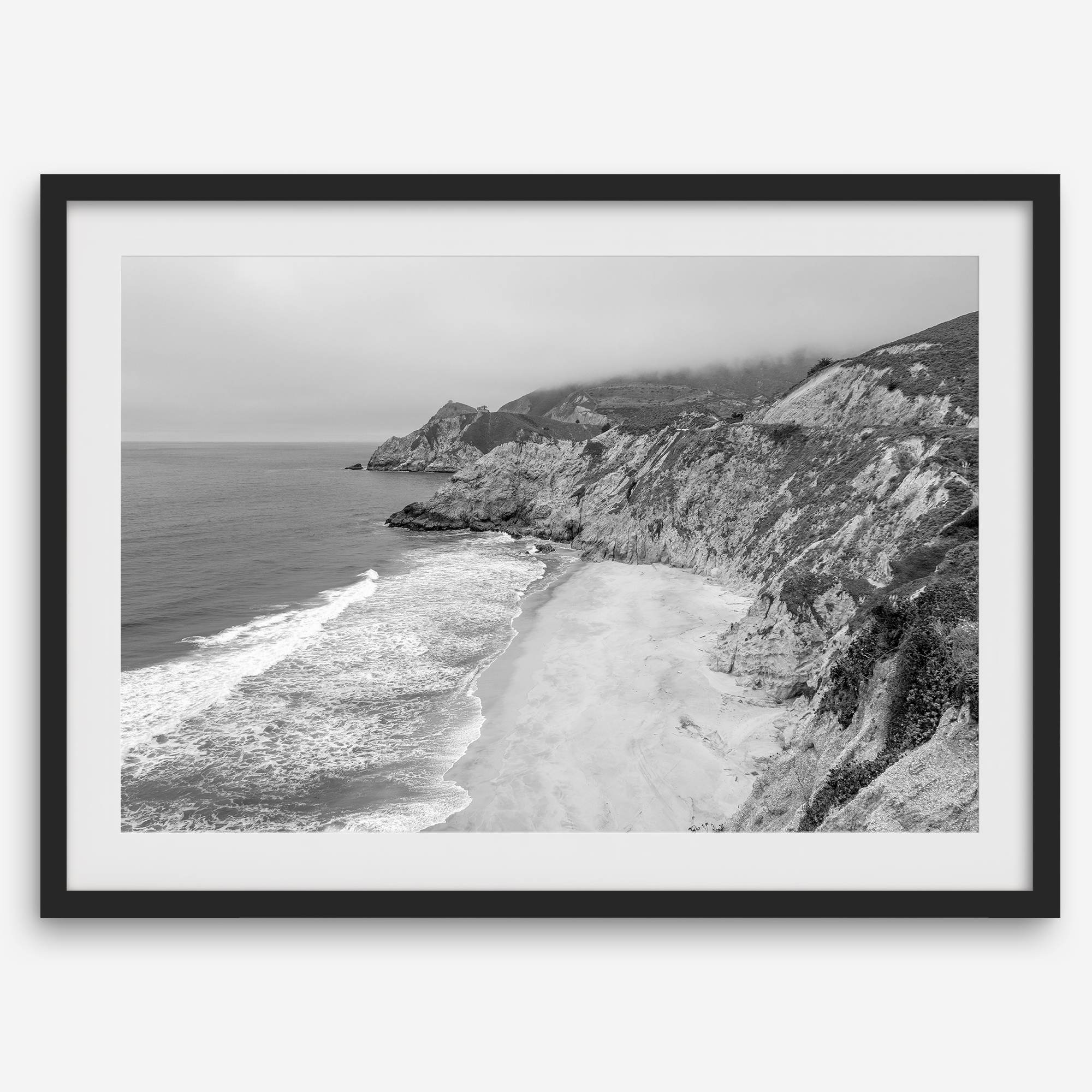 Black and white photo of Gray Whale Cove on the California Pacific Coast – fine art coastal landscape print