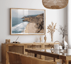 California beach wall art featuring Gray Whale Cove Beach with sandy shores, rugged cliffs, and misty Pacific Ocean waves.