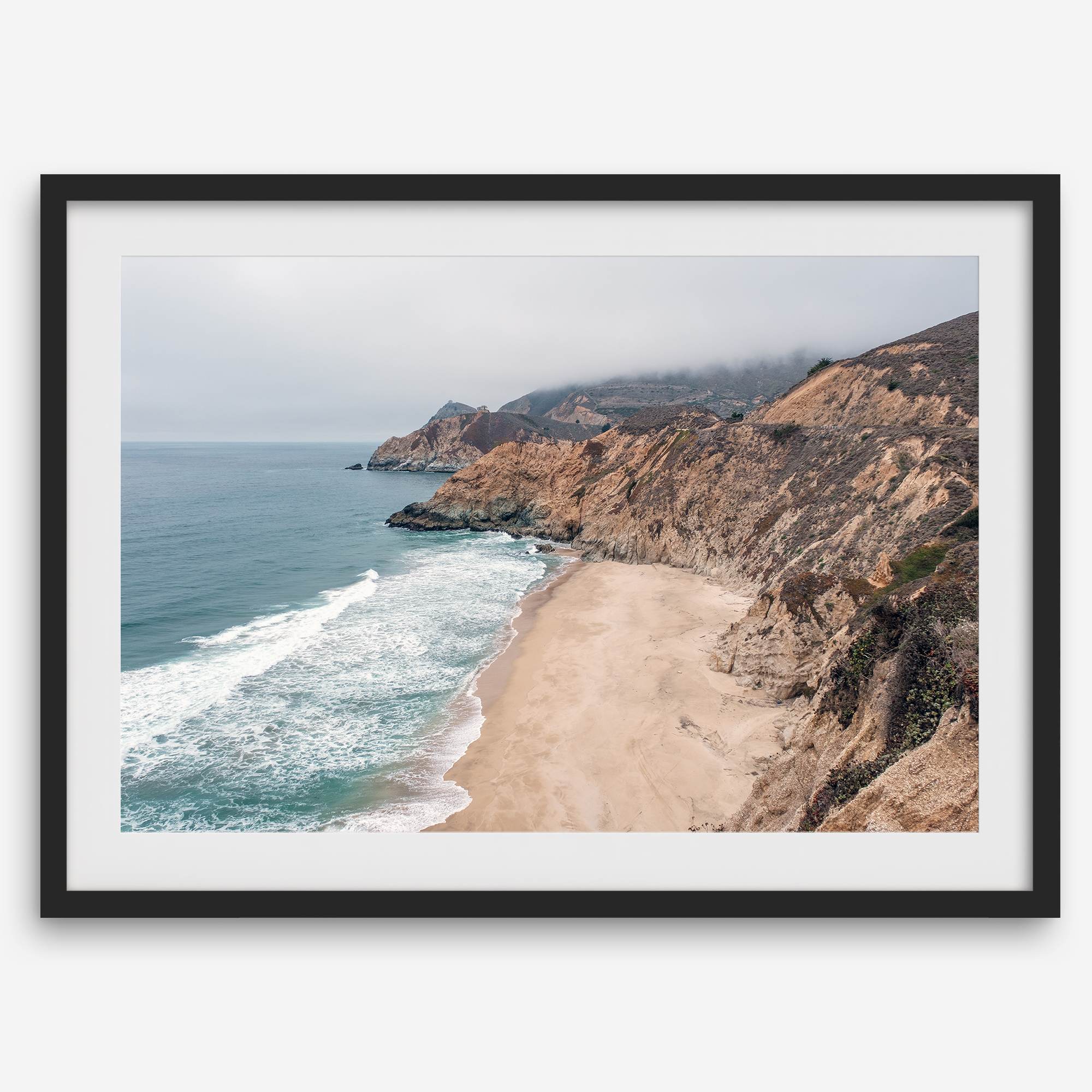 California beach wall art featuring Gray Whale Cove Beach with sandy shores, rugged cliffs, and misty Pacific Ocean waves.