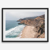California beach wall art featuring Gray Whale Cove Beach with sandy shores, rugged cliffs, and misty Pacific Ocean waves.