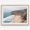 California beach wall art featuring Gray Whale Cove Beach with sandy shores, rugged cliffs, and misty Pacific Ocean waves.