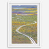 fine art photography print of a winding road disappearing into a valley filled with colorful wildflowers in Antelope Valley, California.