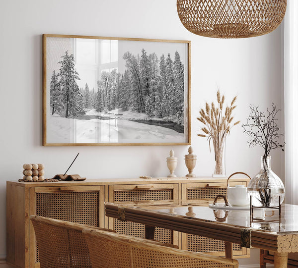 snowy pines wall art, black and white nature, winter landscape print, Tahoe forest art, snow-covered forest, fine art nature print, pine tree wall art, monochrome landscape, winter decor, snow photography, nature photography, black and white wall art, rustic cabin decor.