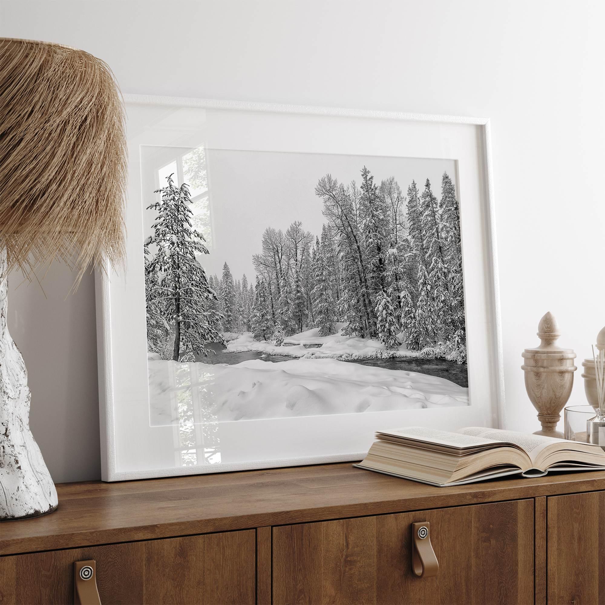 snowy pines wall art, black and white nature, winter landscape print, Tahoe forest art, snow-covered forest, fine art nature print, pine tree wall art, monochrome landscape, winter decor, snow photography, nature photography, black and white wall art, rustic cabin decor.