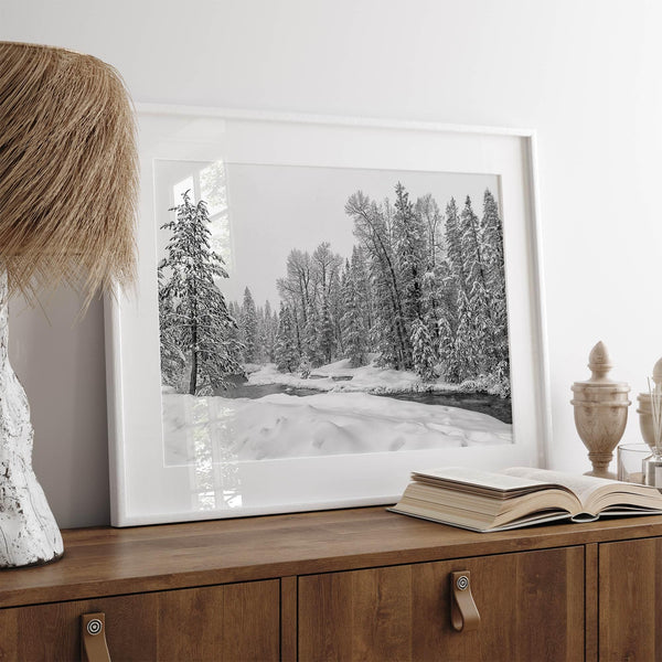 snowy pines wall art, black and white nature, winter landscape print, Tahoe forest art, snow-covered forest, fine art nature print, pine tree wall art, monochrome landscape, winter decor, snow photography, nature photography, black and white wall art, rustic cabin decor.