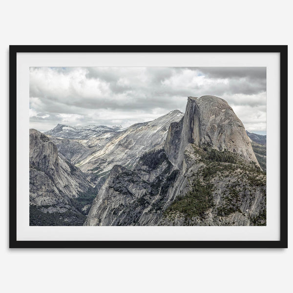 A fine art framed or unframed print showcasing the stunning half-dome mountain in Yosemite national park. The picture was shot an edited as an HDR photograph adding more depth to this beautiful mountain wall art.