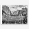 A breathtaking fine art black and white print of Yosemite valley during spring when the waterfalls are in full power.