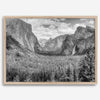 A breathtaking fine art black and white print of Yosemite valley during spring when the waterfalls are in full power.