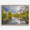 A stunning framed large Yosemite National Park print that shows the breathtaking valley at sunset with its mountains, rivers, forests, and waterfalls. A truly mesmerizing landscape that is as perfect as your wall decor as it is a special gift.