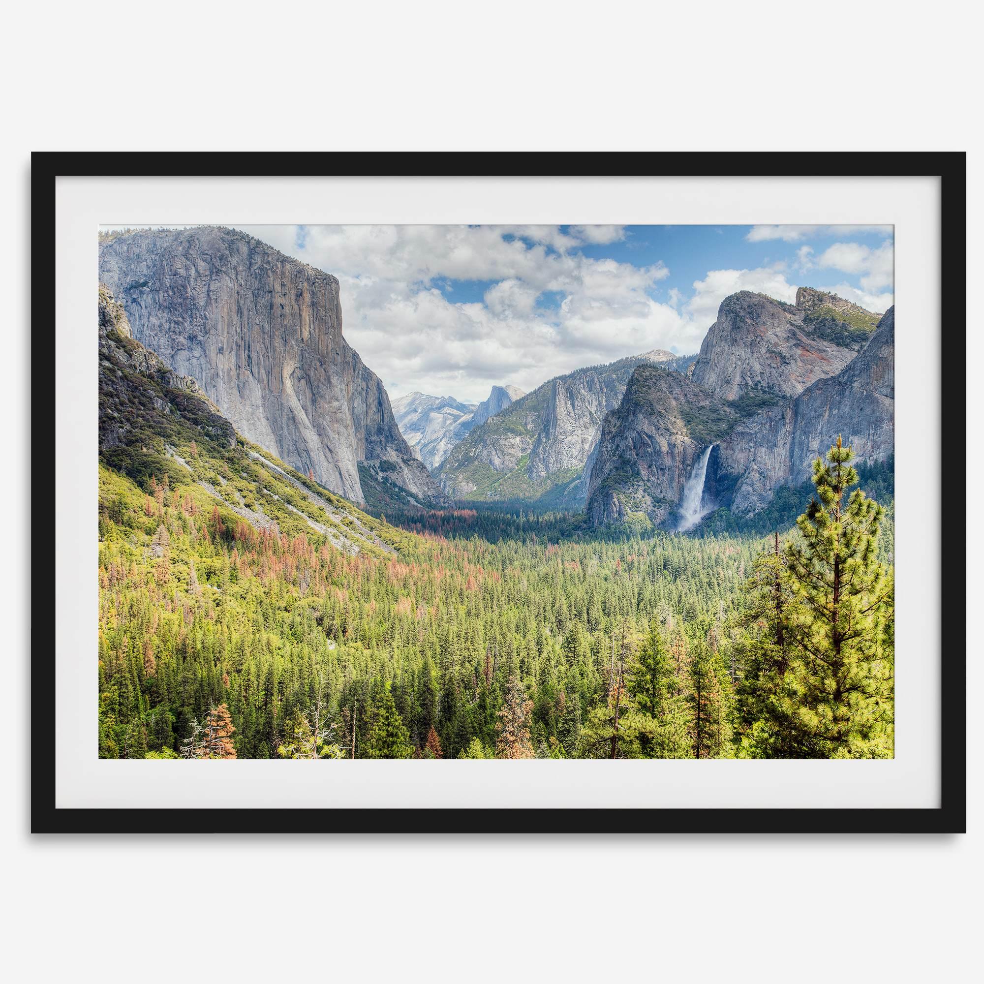 A framed or unframed landscape photography print of Yosemite National Park. This fine art Yosemite National Park poster showcases the lush forest, gushing waterfall, and towering cliffs of Yosemite. HDR photography Wall Art is Perfect for home decor