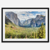A framed or unframed landscape photography print of Yosemite National Park. This fine art Yosemite National Park poster showcases the lush forest, gushing waterfall, and towering cliffs of Yosemite. HDR photography Wall Art is Perfect for home decor