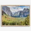 A framed or unframed landscape photography print of Yosemite National Park. This fine art Yosemite National Park poster showcases the lush forest, gushing waterfall, and towering cliffs of Yosemite. HDR photography Wall Art is Perfect for home decor