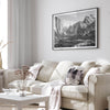 A fine art Yosemite Print featuring Yosemite Valley covered in snow in winter and a beautiful fog lays in the valley forest. This black and white mountain wall art is perfect for nature and fine art lovers.
