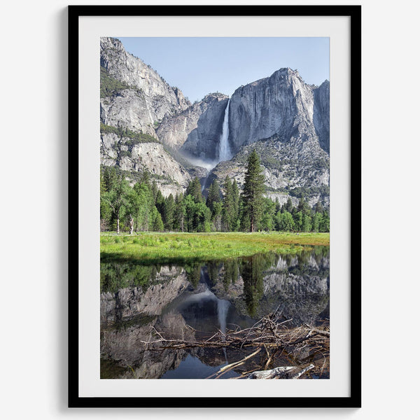 A stunning fine art print of Yosemite Falls with a reflection from Cook Meadows in Yosemite National Park.
