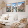 Zion wall art set featuring three color prints of Zion National Park landscapes, available framed or on canvas.