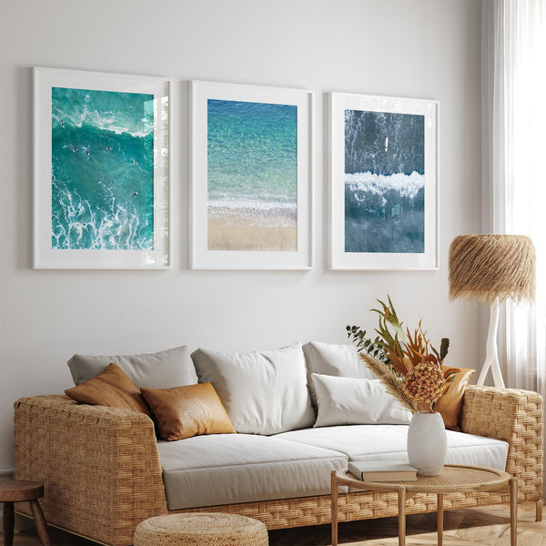 Set of three aerial beach wall art prints featuring ocean photography from Pismo Beach, Point Reyes and Hanalei Bay