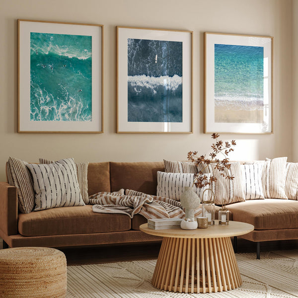 Set of three aerial beach wall art prints featuring ocean photography from Pismo Beach, Point Reyes and Hanalei Bay
