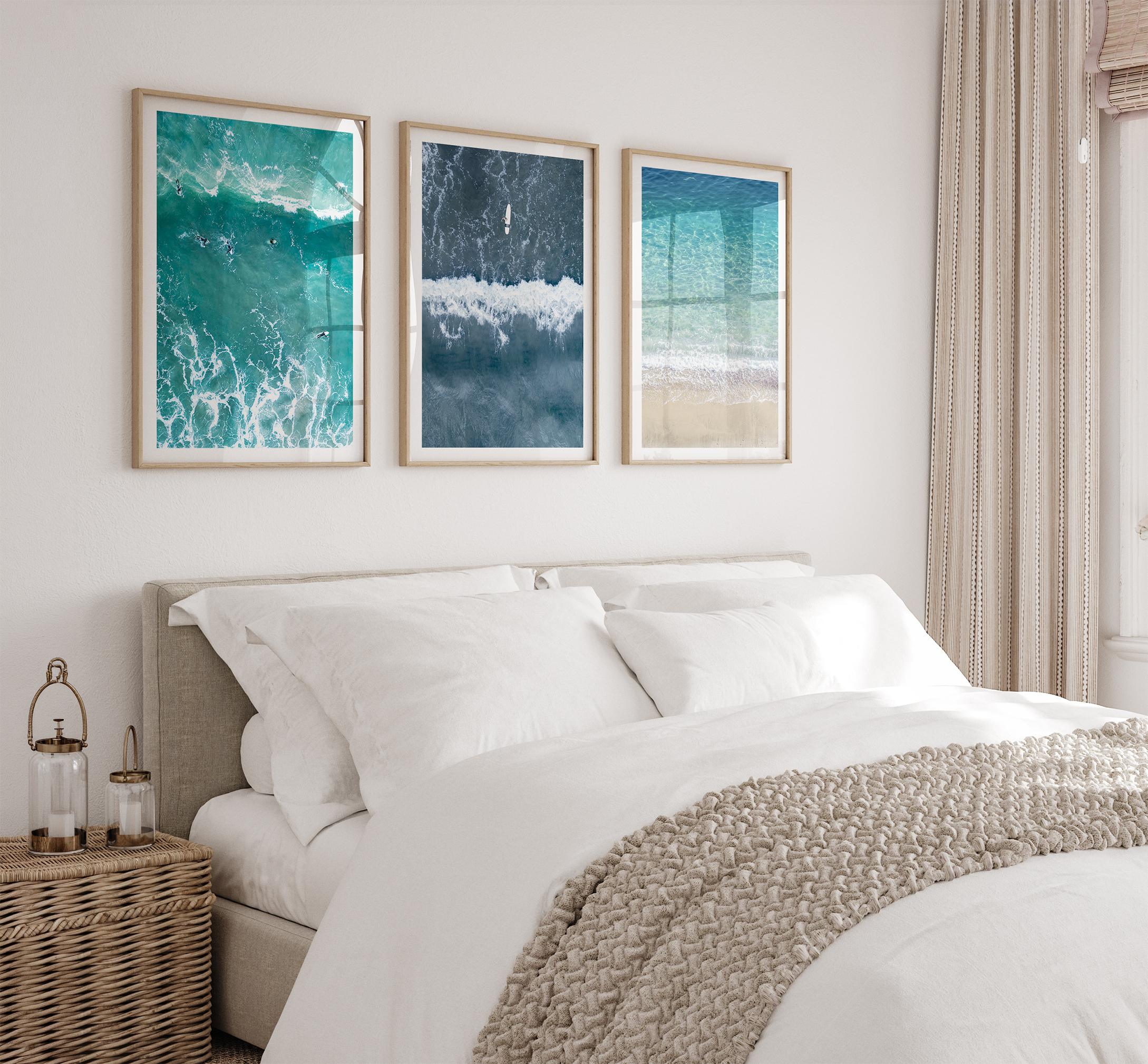 Set of three aerial beach wall art prints featuring ocean photography from Pismo Beach, Point Reyes and Hanalei Bay