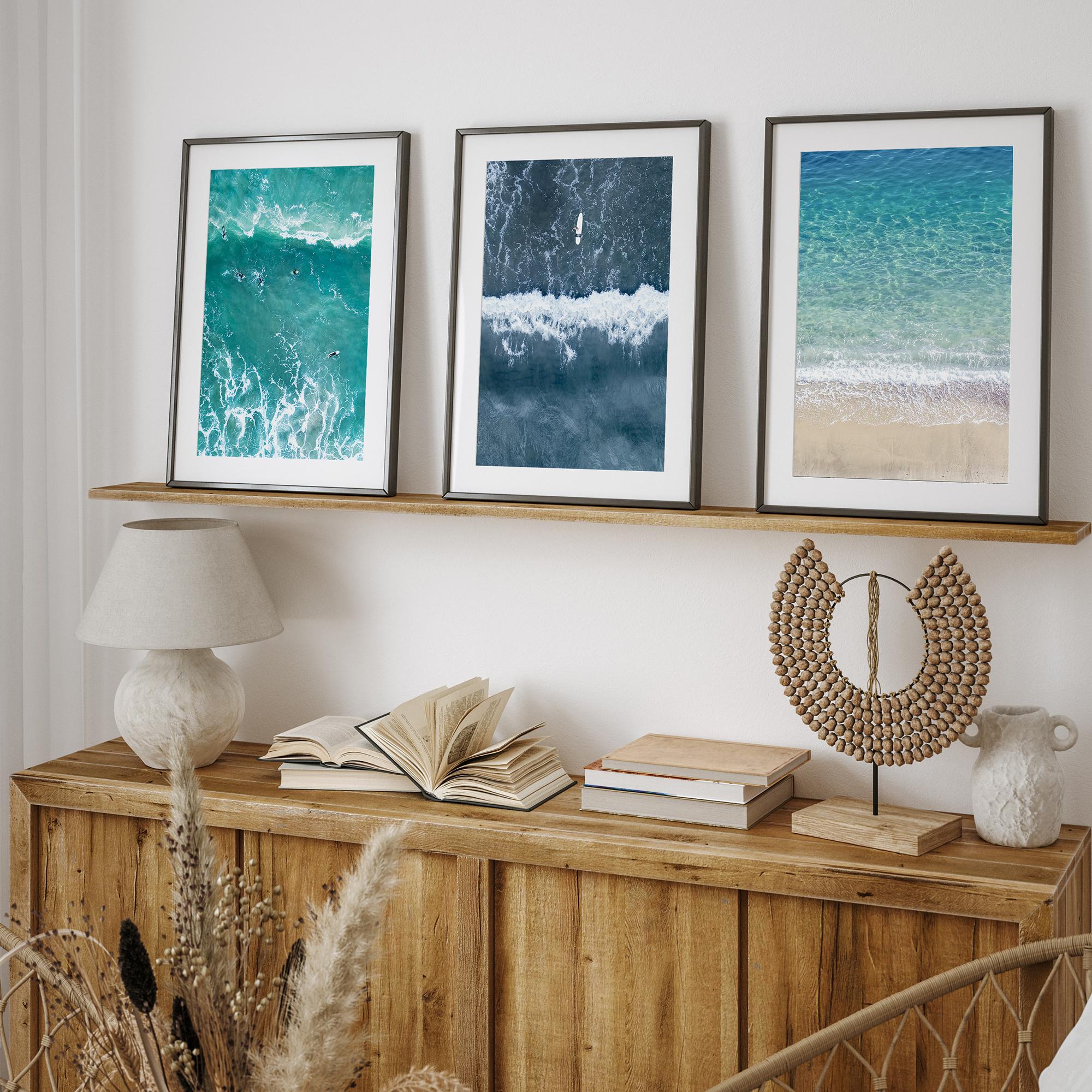 Set of three aerial beach wall art prints featuring ocean photography from Pismo Beach, Point Reyes and Hanalei Bay