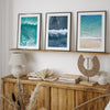 Set of three aerial beach wall art prints featuring ocean photography from Pismo Beach, Point Reyes and Hanalei Bay