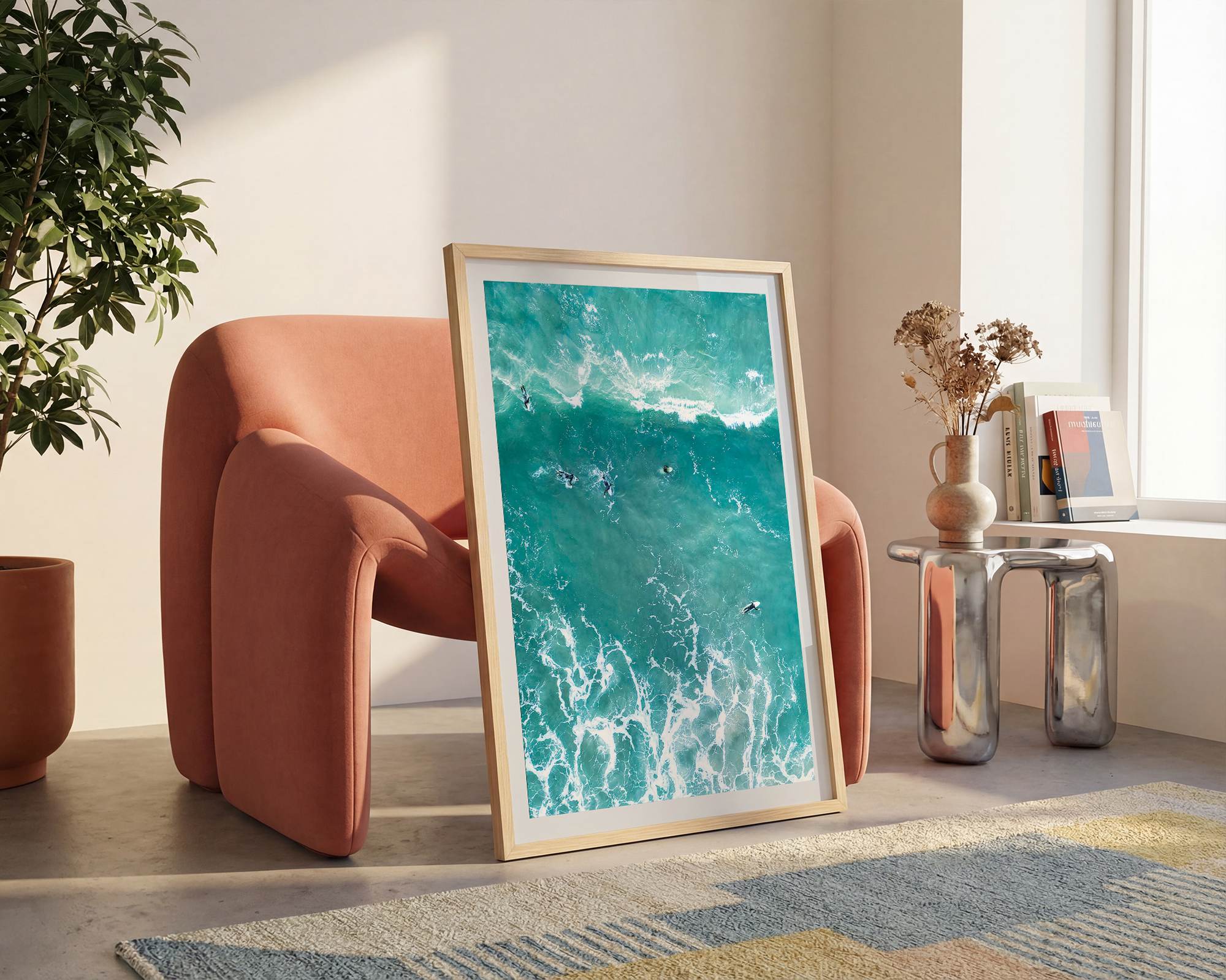 A fine art aerial ocean photography print showing surfers paddling for waves. Stunning blue wall art for home decor. 