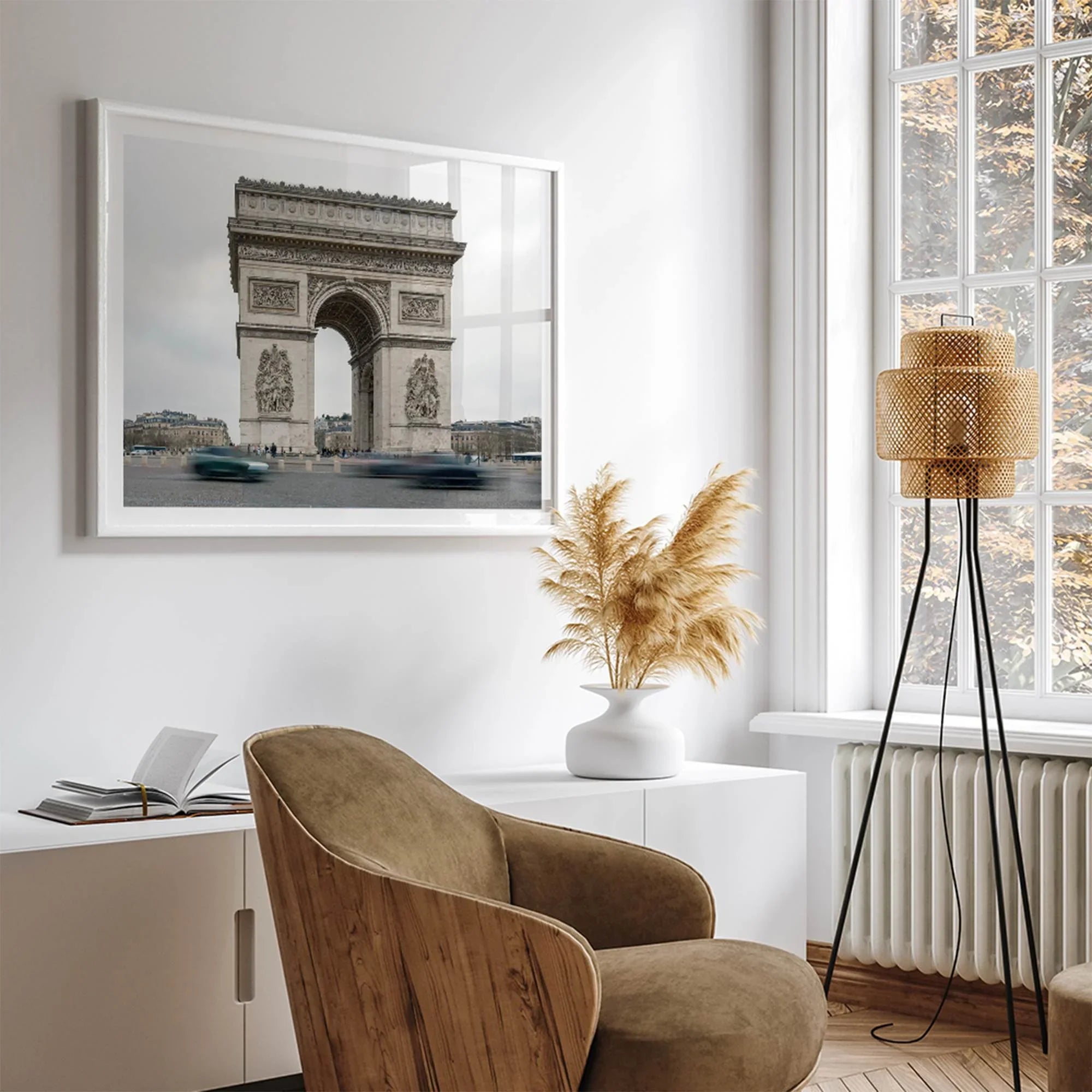 French wall art featuring Arc de Triomphe in Paris, neutral tones