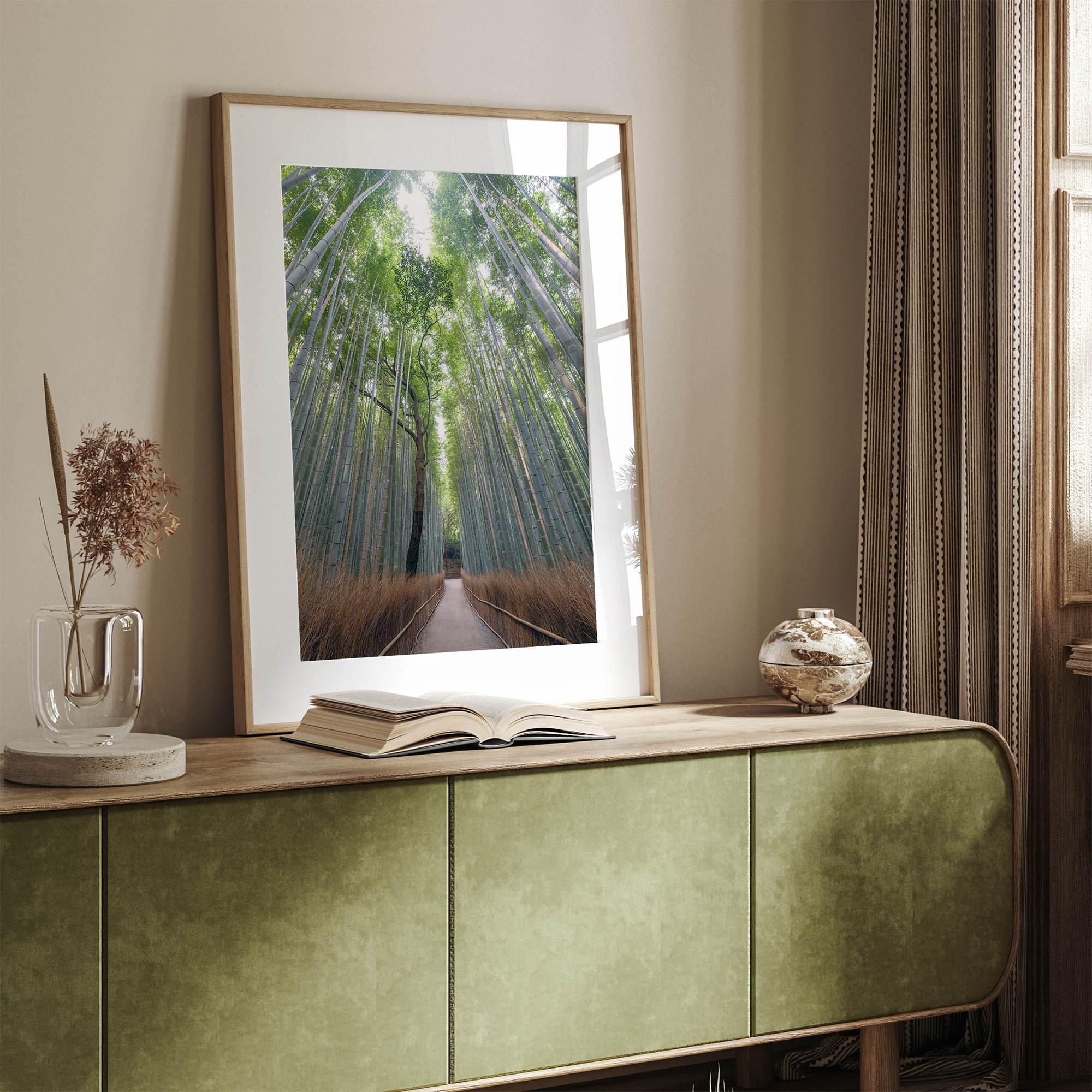 Vertical bamboo forest photograph from Arashiyama, tranquil path and glowing greens, premium bamboo wall art