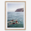 Summer wall art of a coastal Hawaiian landscape with figures swimming in deep blue ocean water.
