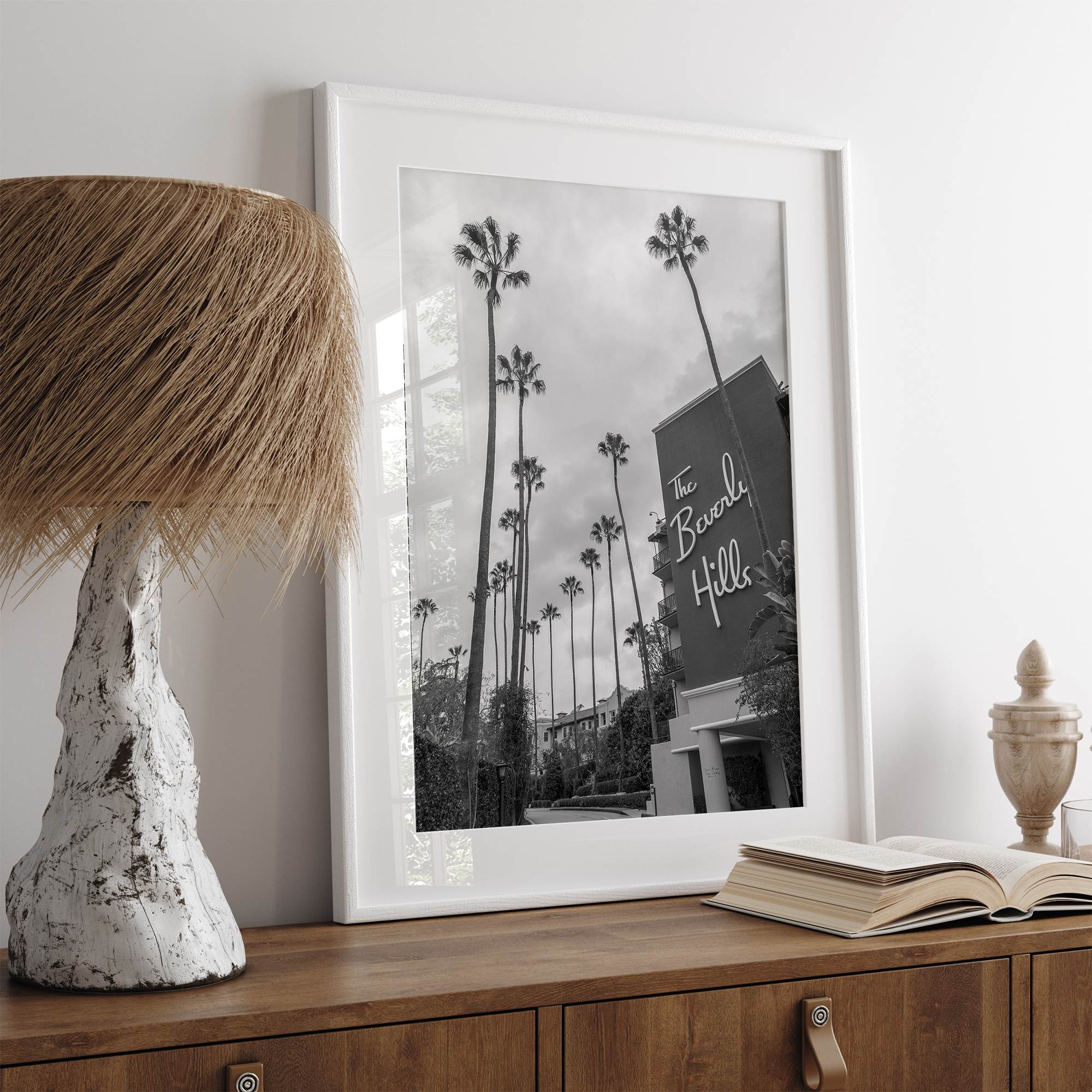 Beverly Hills print featuring tall palm trees and hotel architecture in black and white modern photography