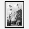 Beverly Hills print featuring tall palm trees and hotel architecture in black and white modern photography