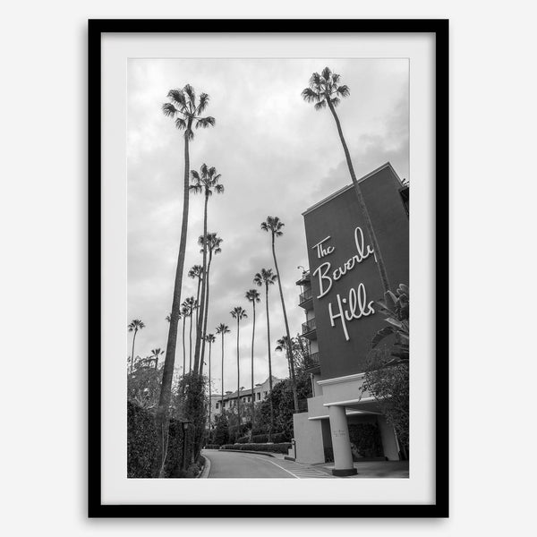 Beverly Hills print featuring tall palm trees and hotel architecture in black and white modern photography