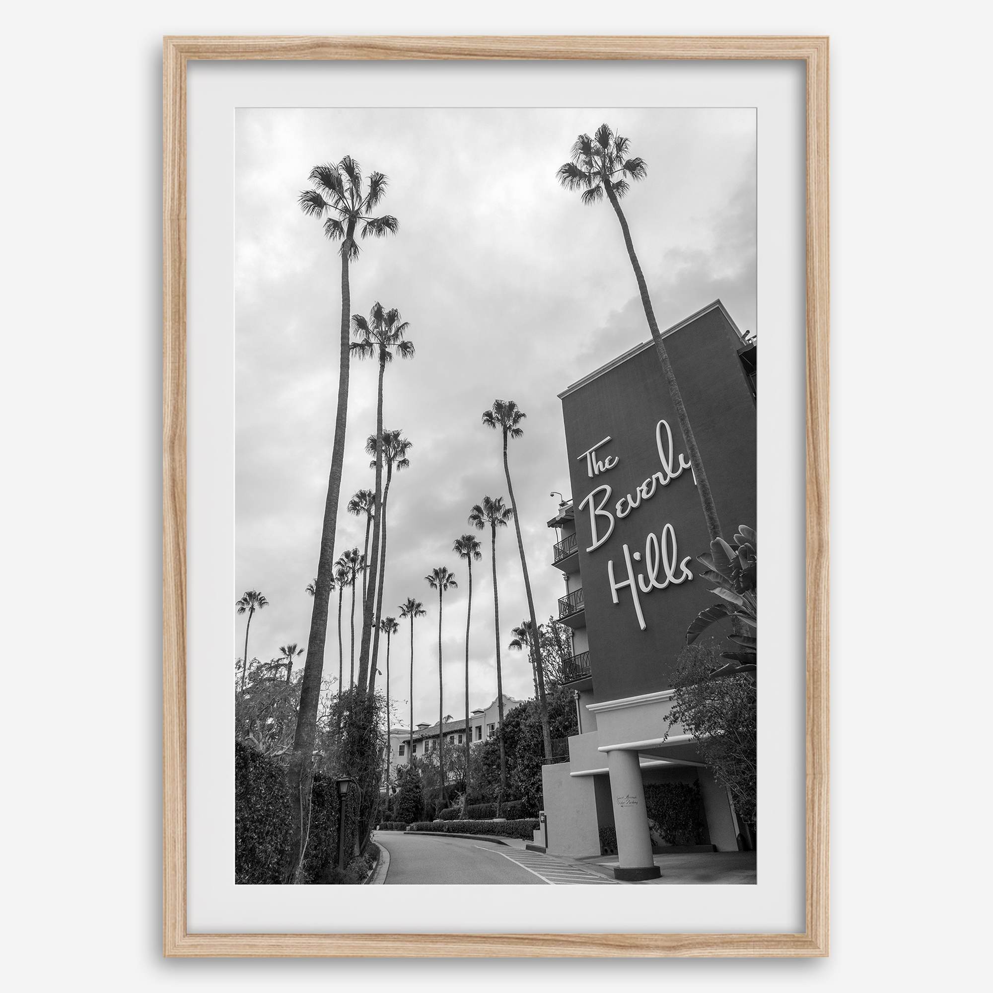 Beverly Hills print featuring tall palm trees and hotel architecture in black and white modern photography