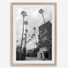 Beverly Hills print featuring tall palm trees and hotel architecture in black and white modern photography