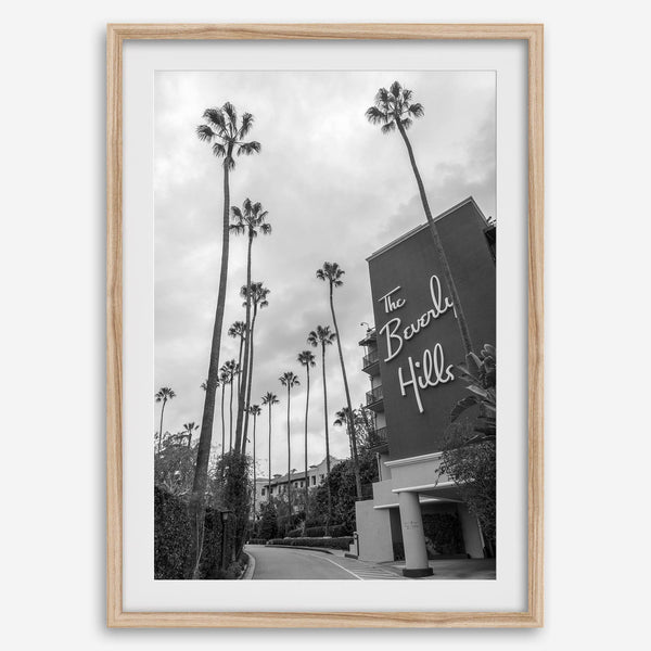 Beverly Hills print featuring tall palm trees and hotel architecture in black and white modern photography