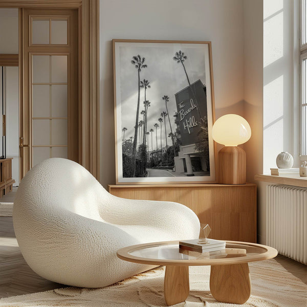 Beverly Hills print featuring tall palm trees and hotel architecture in black and white modern photography