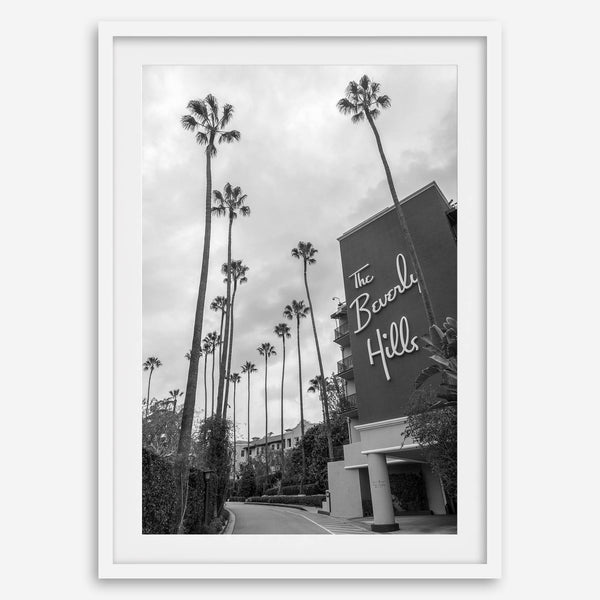 Beverly Hills print featuring tall palm trees and hotel architecture in black and white modern photography