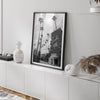 Beverly Hills print featuring tall palm trees and hotel architecture in black and white modern photography