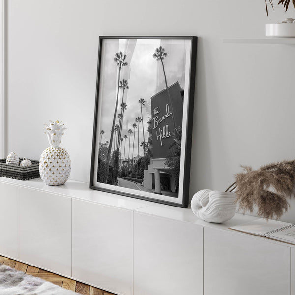 Beverly Hills print featuring tall palm trees and hotel architecture in black and white modern photography