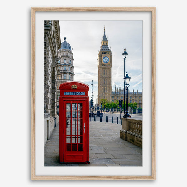 Big Ben wall art featuring London clock tower and red phone booth, fine art photography
