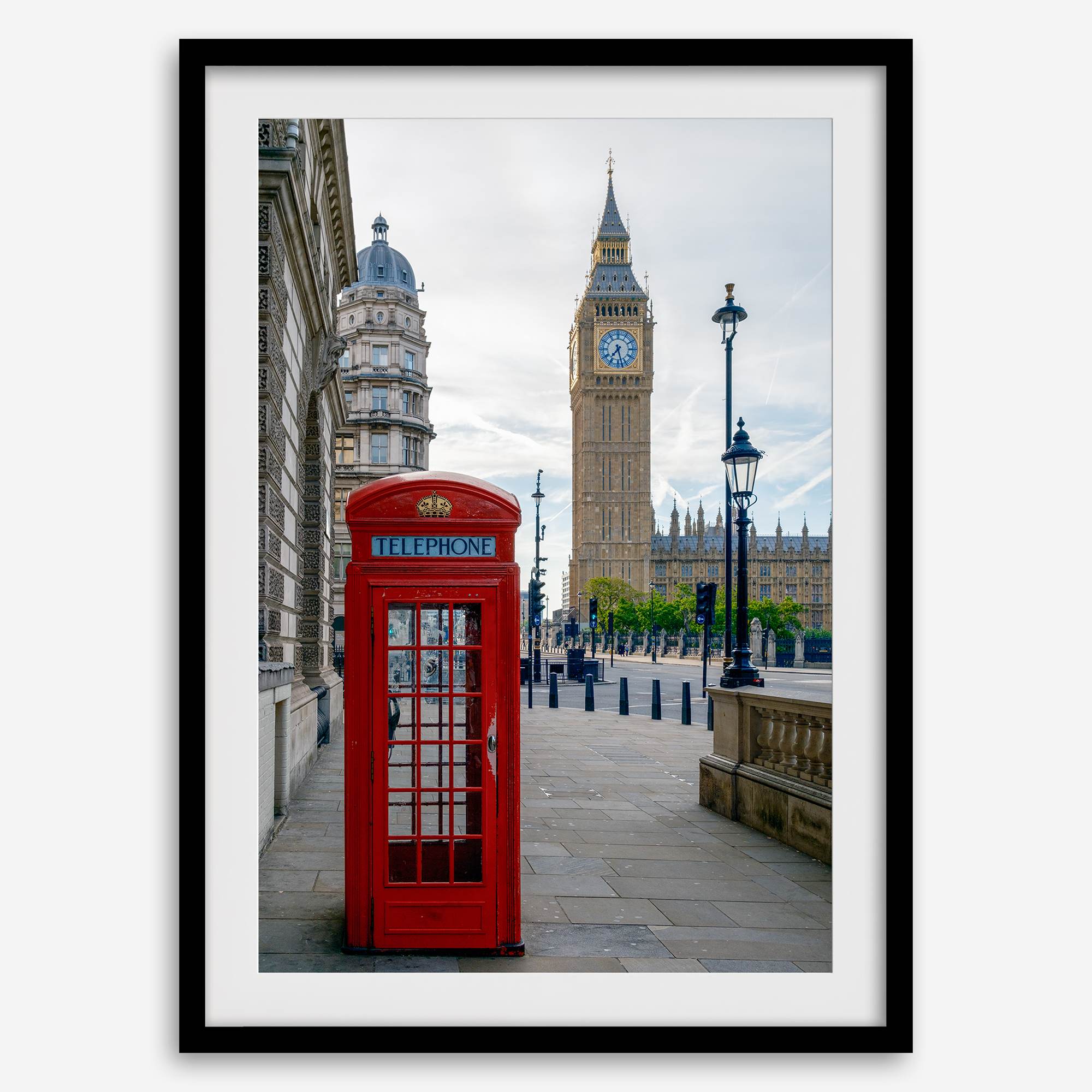 Big Ben wall art featuring London clock tower and red phone booth, fine art photography