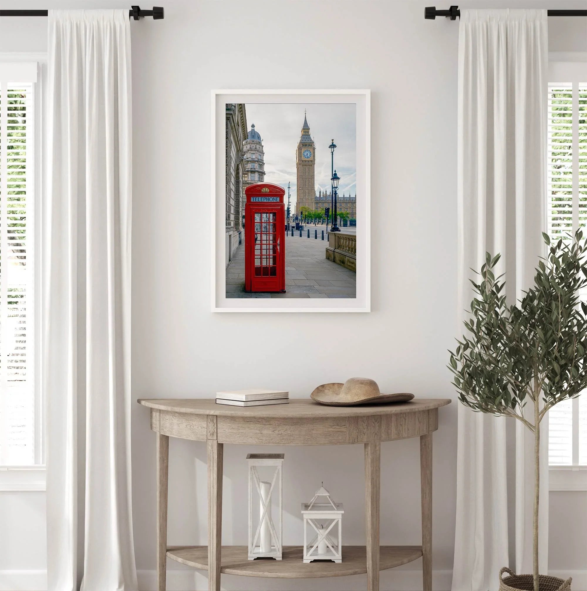 Big Ben wall art featuring London clock tower and red phone booth, fine art photography