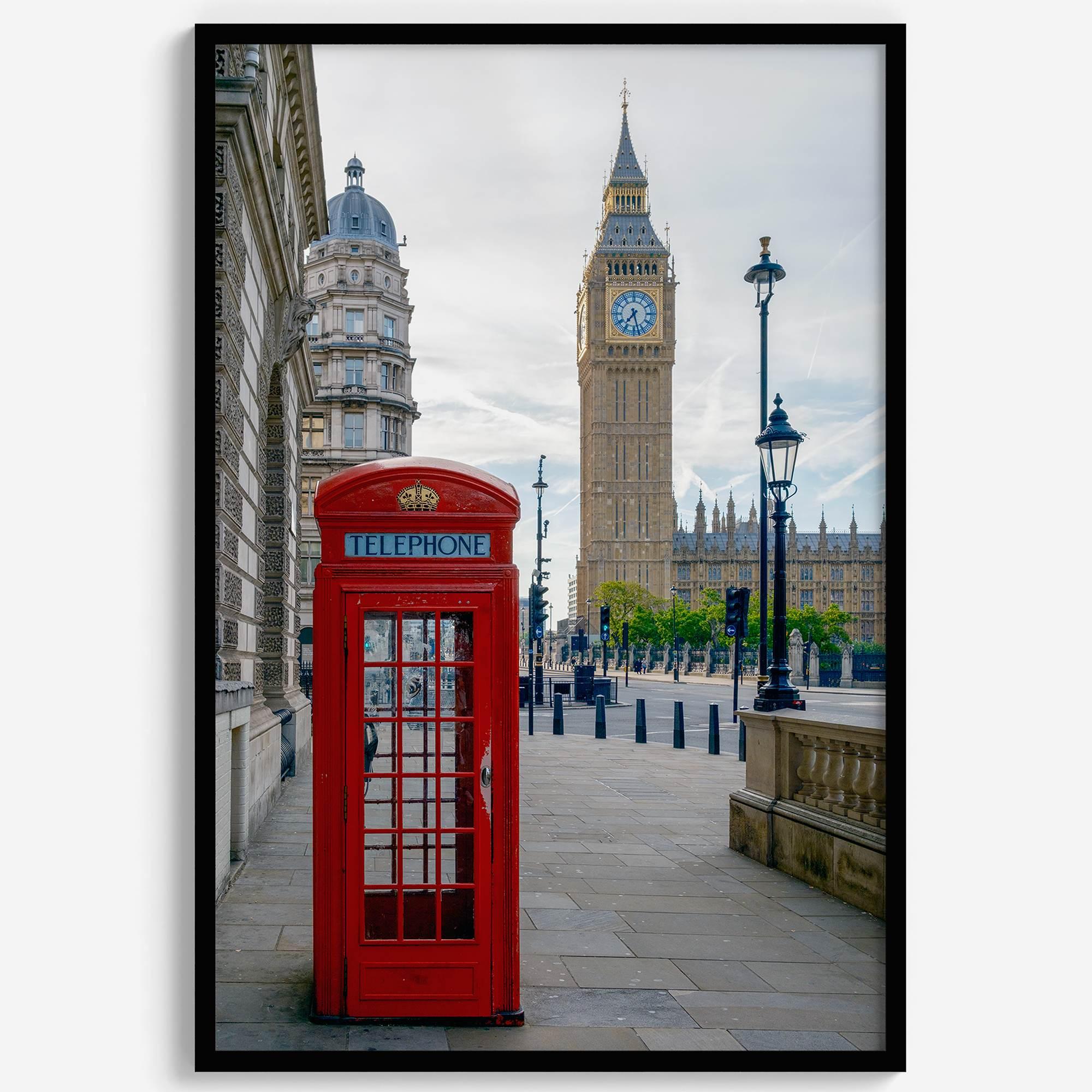 Big Ben wall art featuring London clock tower and red phone booth, fine art photography